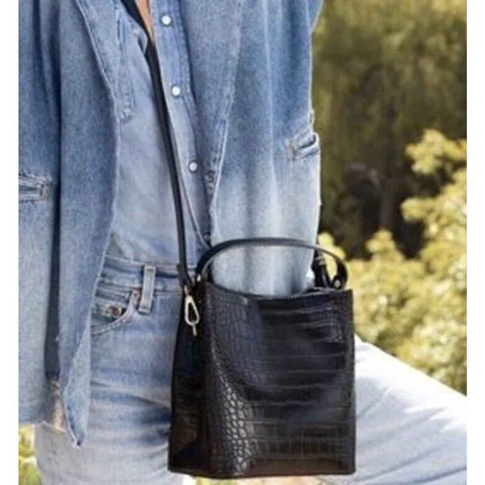 AOTA Elena Vegan Black Mock Croc Embossed Bucket Crossbody Bag Black NWT
